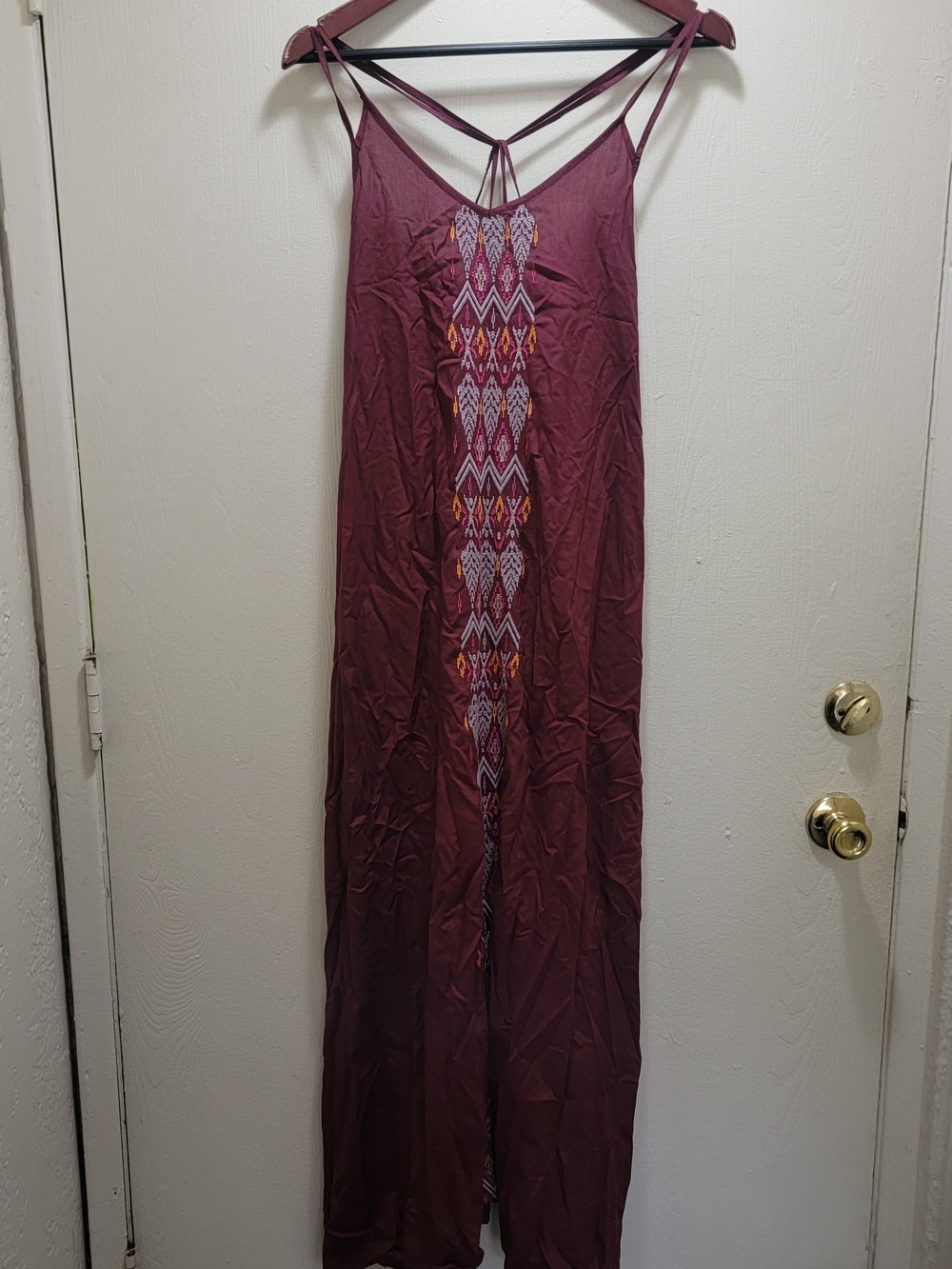 Prana Burgundy Embroidered Spaghetti-Strap Maxi Dress